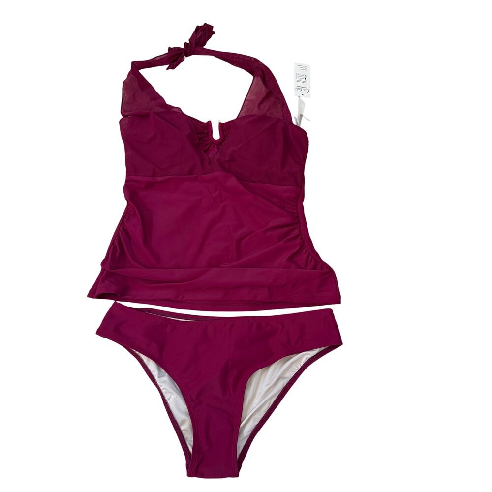 Cupshe Magenta Tankini Swimsuit Set Mesh Halter Medium NWT